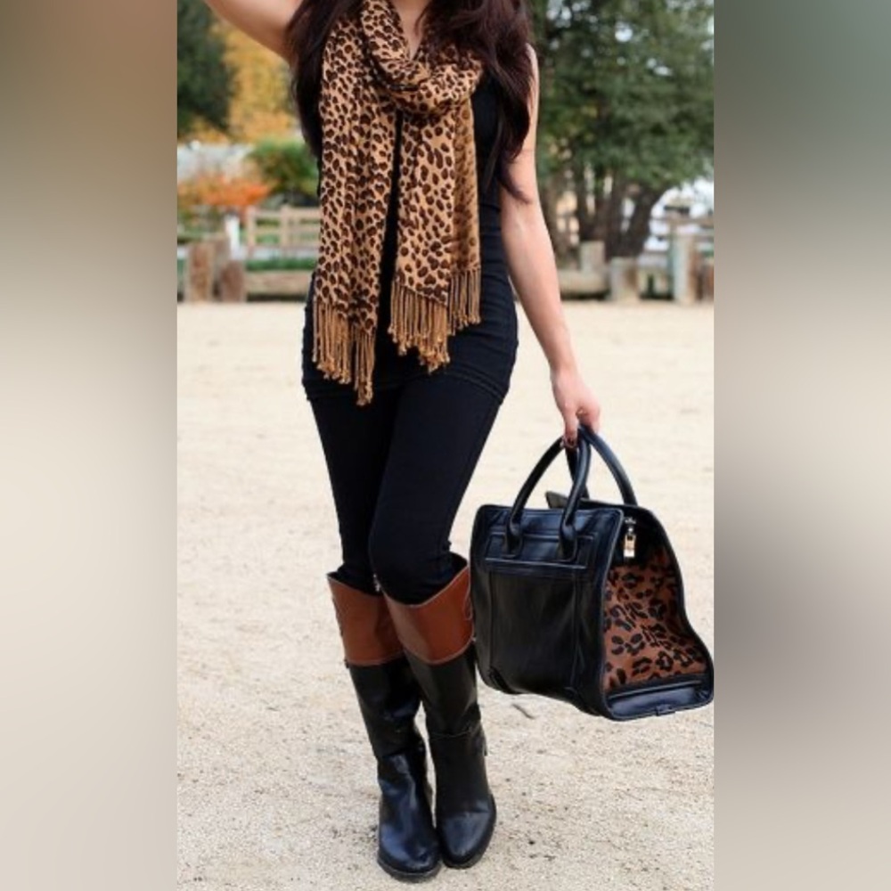 SOLD*Tall Riding Boots Black Leather w/Brown Accents water resistant 16” sz 7.5M